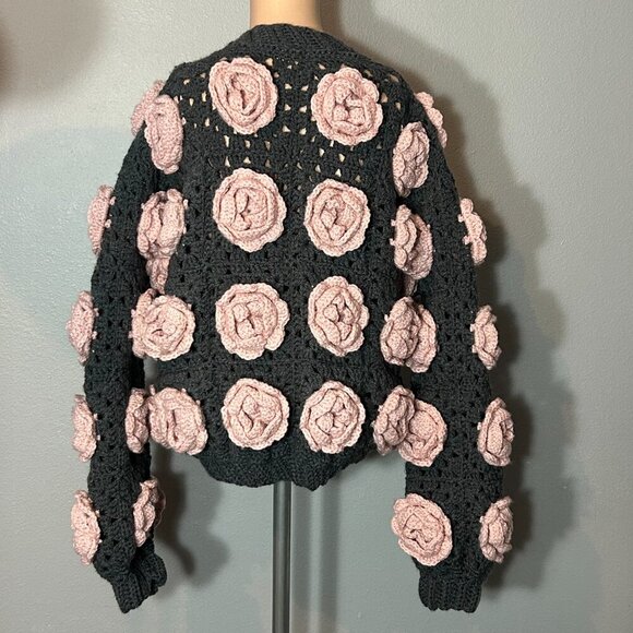 Handmade 3D Rose Bloom Chunky Crochet Jacket Luxe Statement Piece L-XL - Picture 3 of 7